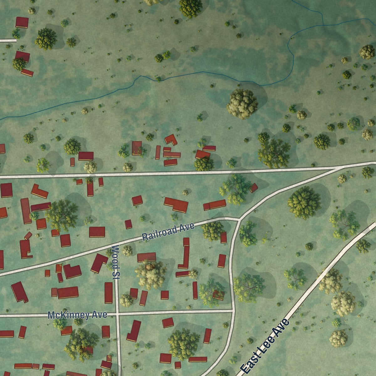 Second close-up of the map of Graford, Texas print showing more streets and buildings