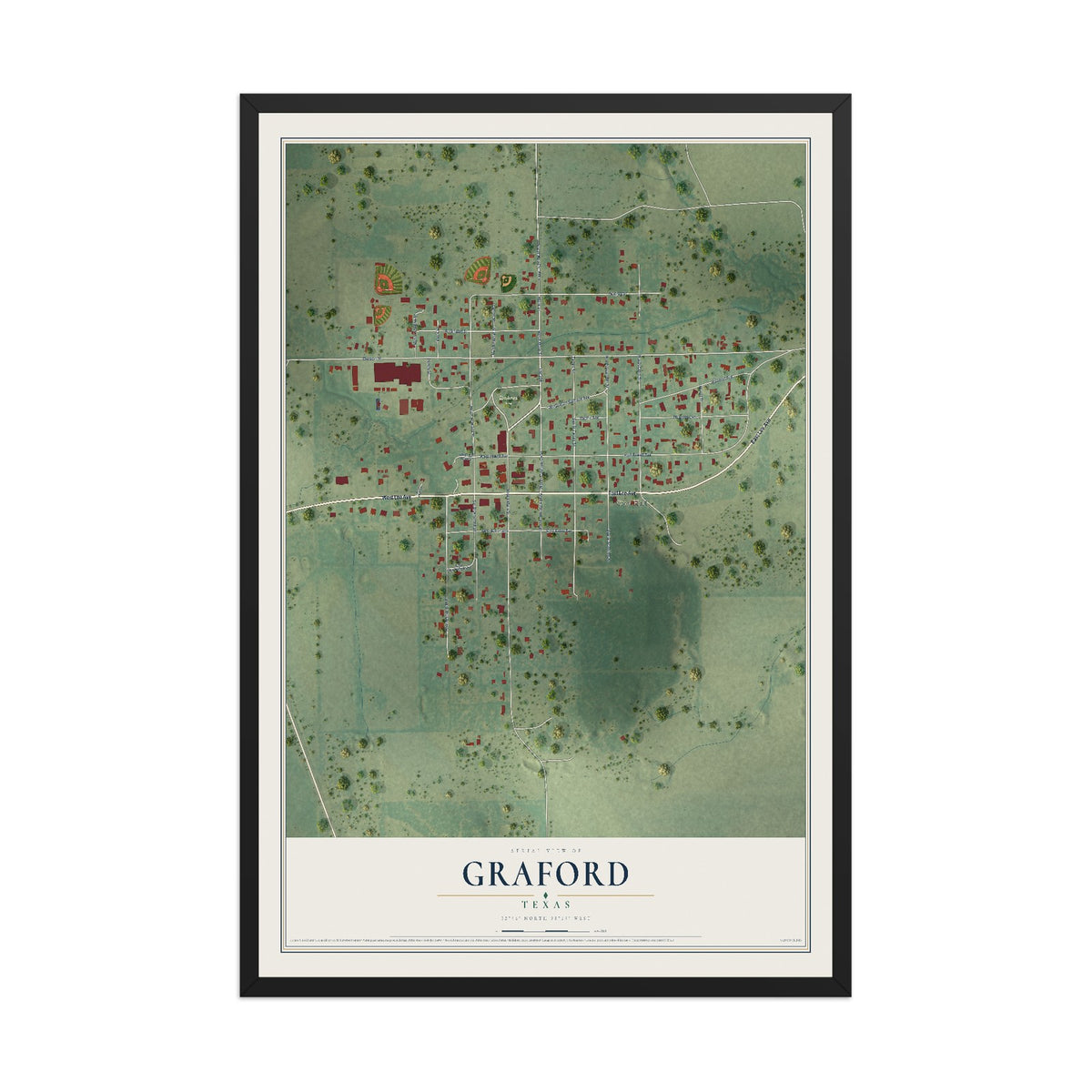 Map of Graford, Texas, 12 x 18 inch print in a black wood frame