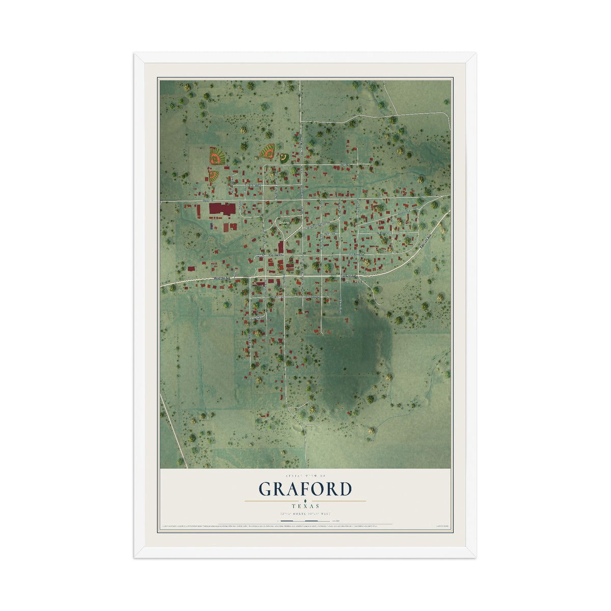 Map of Graford, Texas, 12 x 18 inch print in a white wood frame