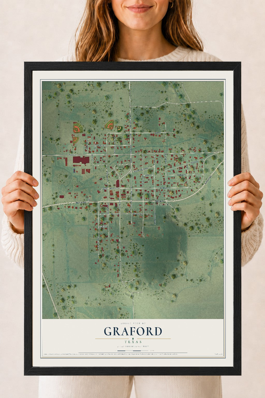 Map of Graford, Texas, 18 x 24 inch print in a black wood frame