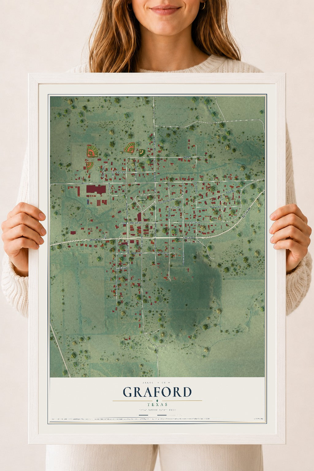 Map of Graford, Texas, 18 x 24 inch print in a white wood frame