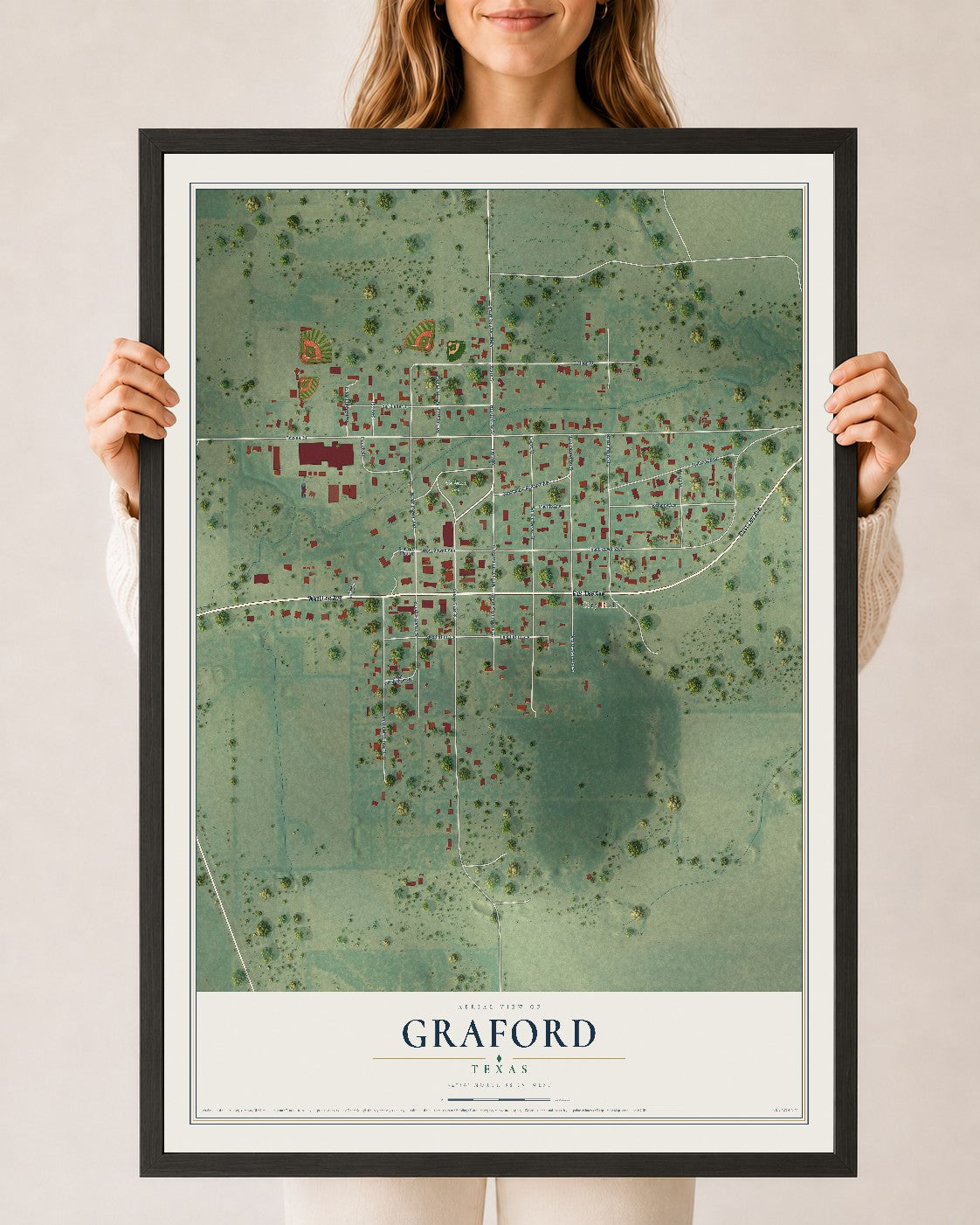 Map of Graford, Texas, 24 x 36 inch print in a black wood frame