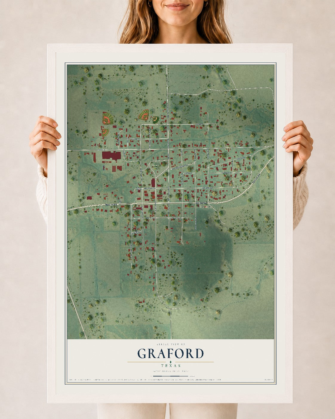 Map of Graford, Texas, 24 x 36 inch print in a white wood frame