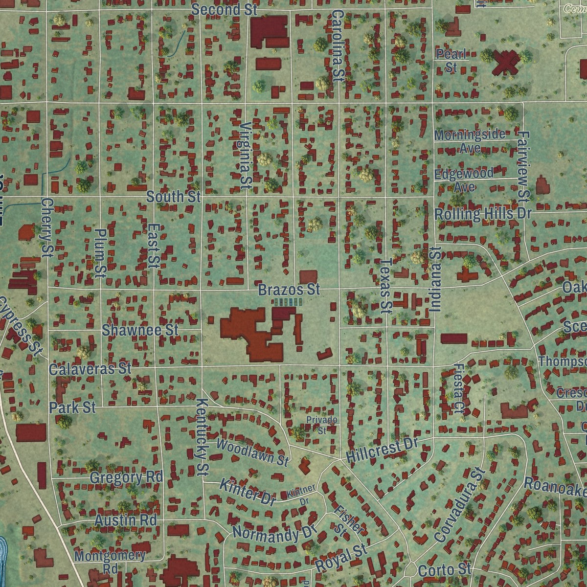 Close-up of the map of Graham, Texas print showing street and building detail