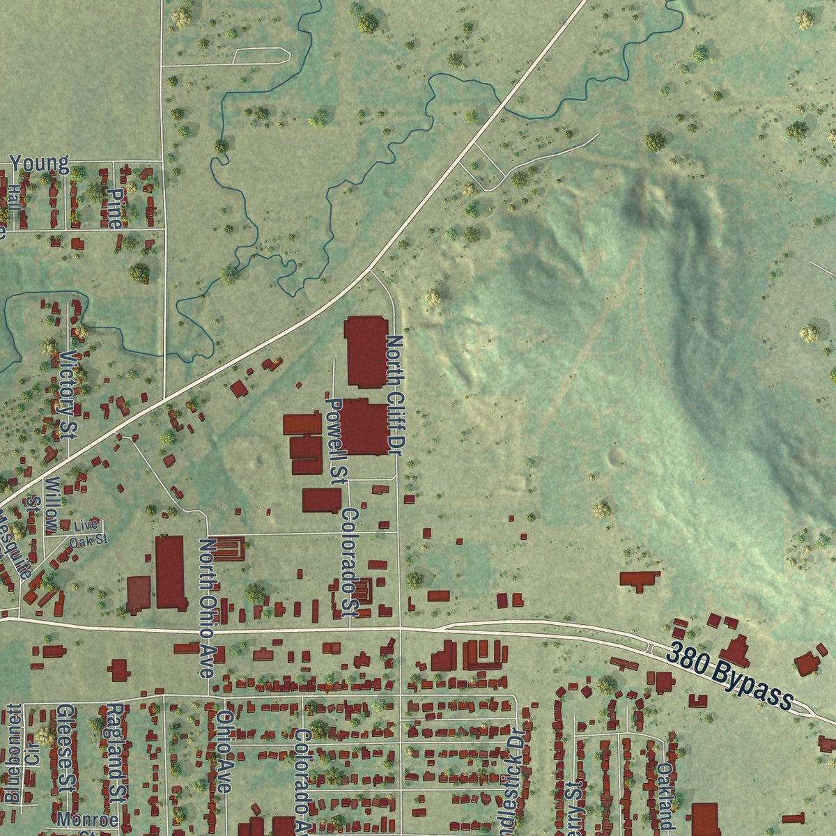 Second close-up of the map of Graham, Texas print showing more streets and buildings