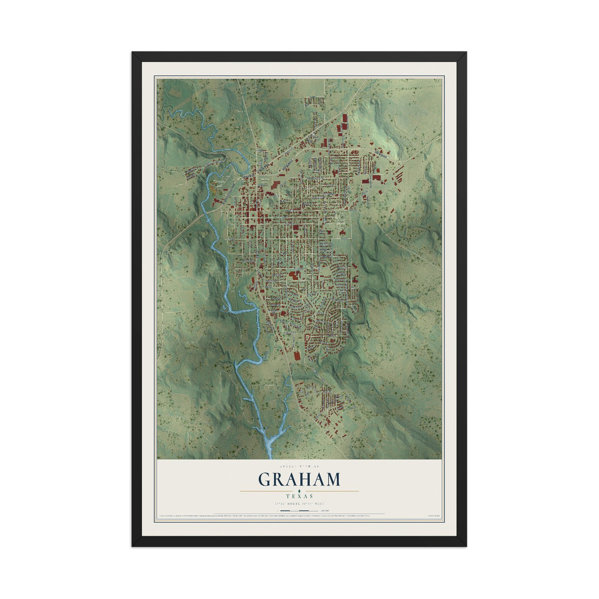 Map of Graham, Texas, 12 x 18 inch print in a black wood frame
