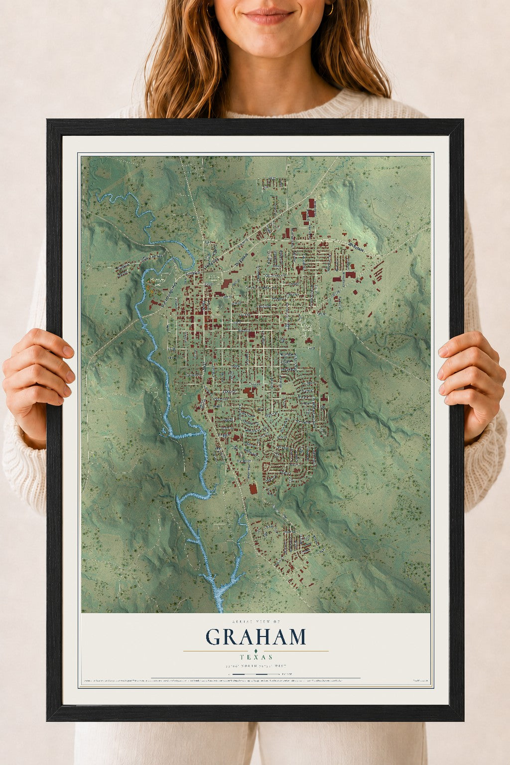 Map of Graham, Texas, 18 x 24 inch print in a black wood frame