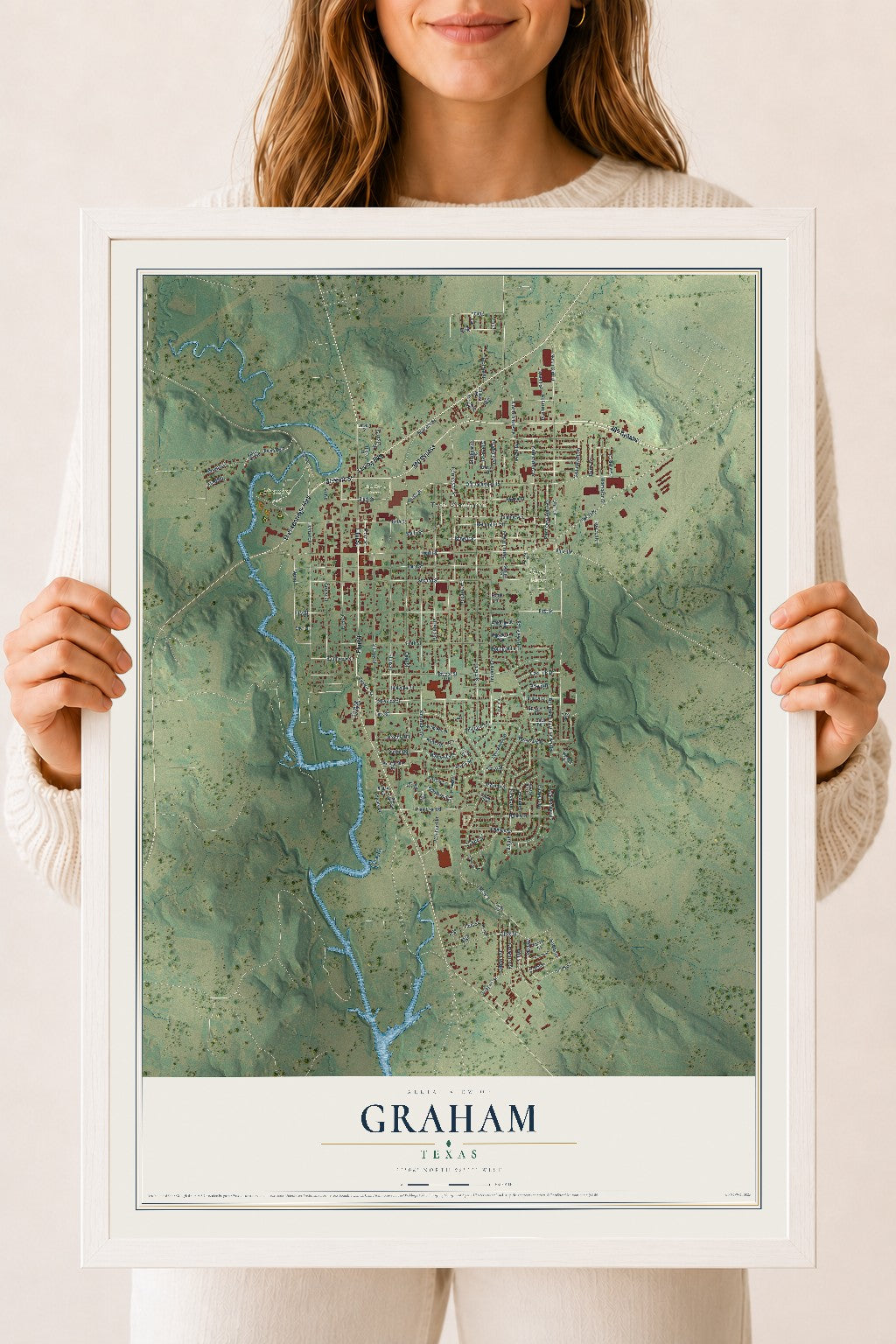 Map of Graham, Texas, 18 x 24 inch print in a white wood frame