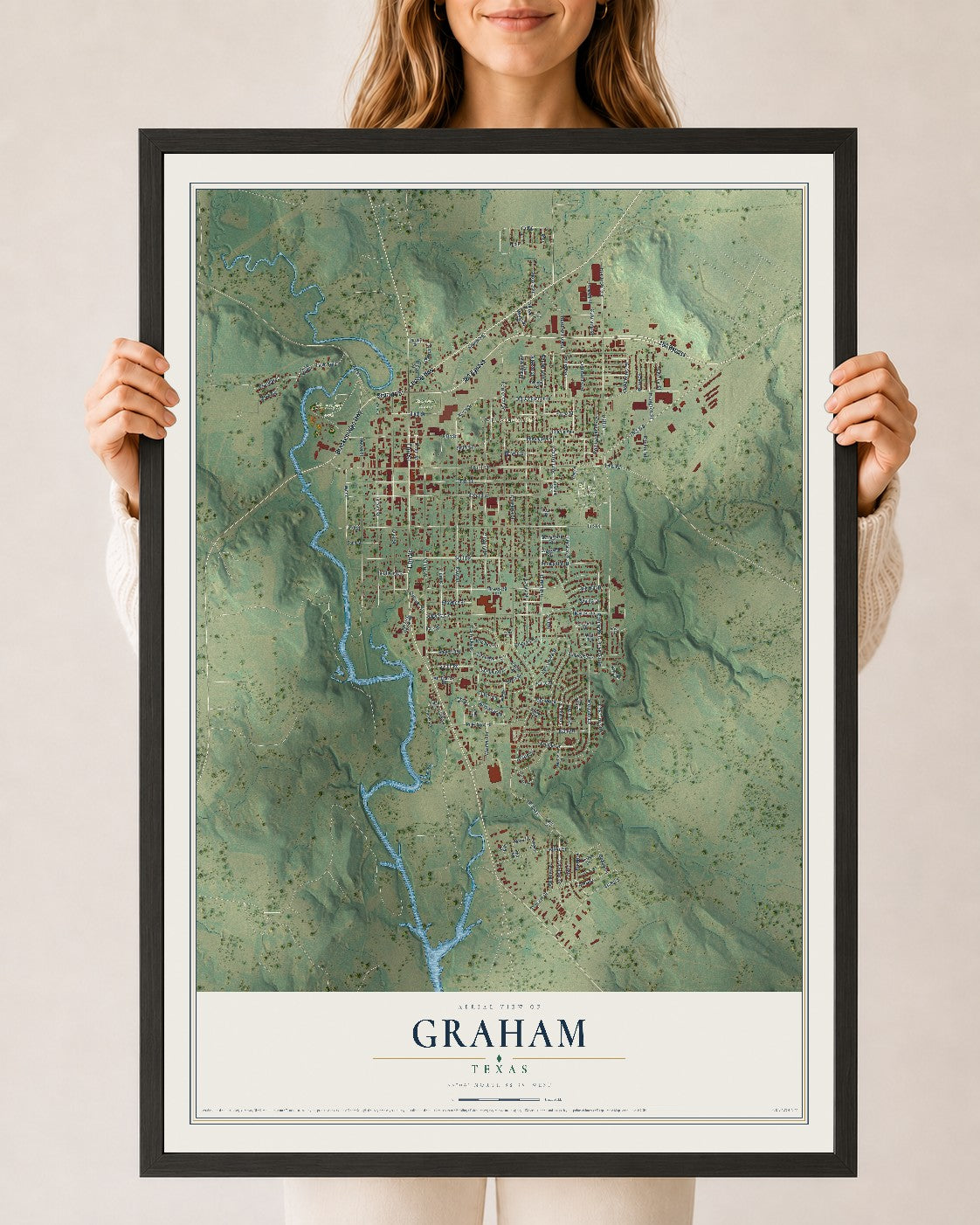 Map of Graham, Texas, 24 x 36 inch print in a black wood frame