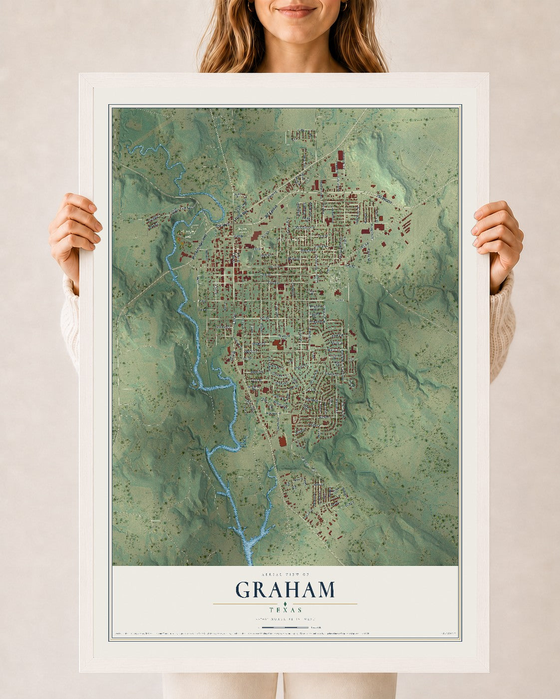 Map of Graham, Texas, 24 x 36 inch print in a white wood frame