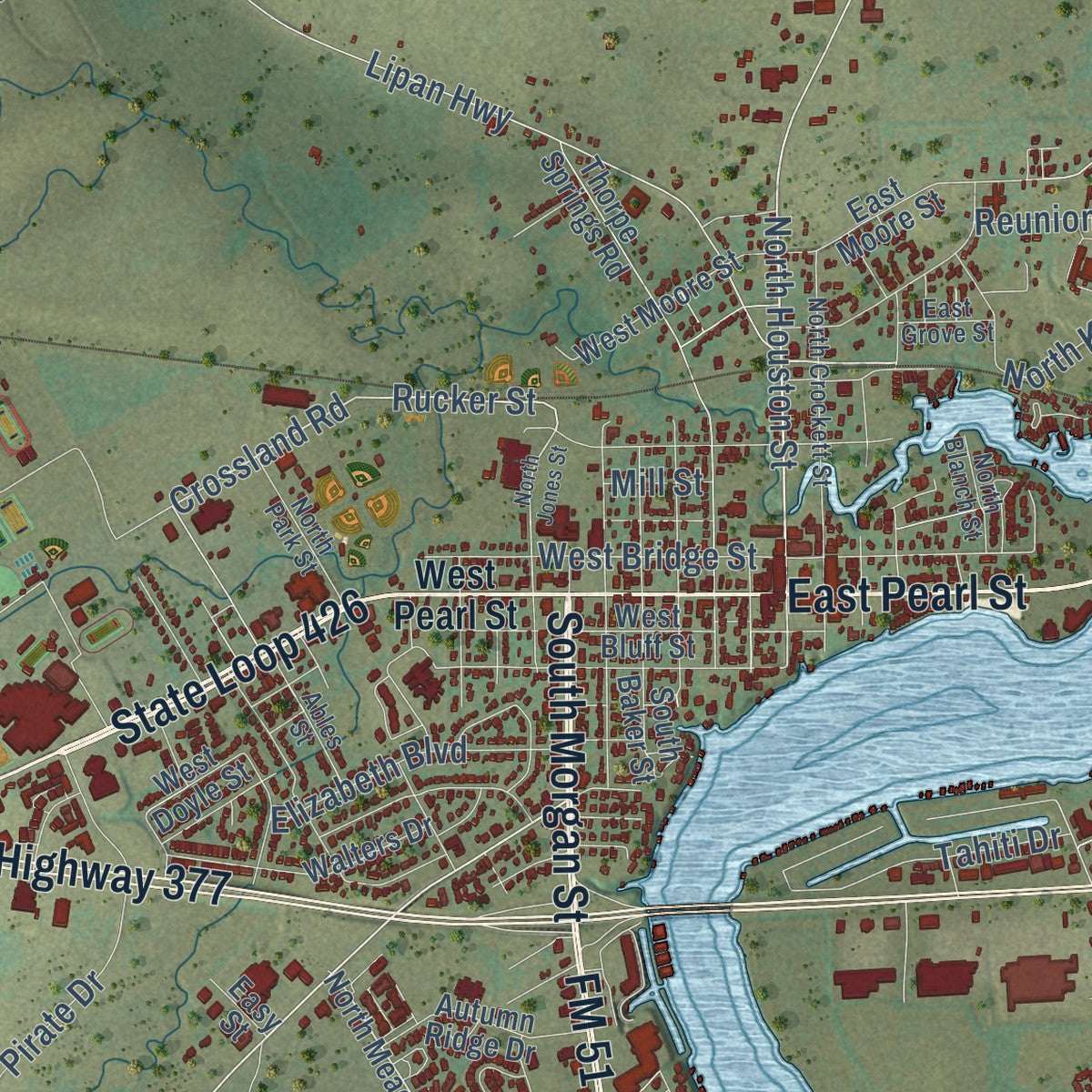 Close-up of the map of Granbury, Texas print showing street and building detail