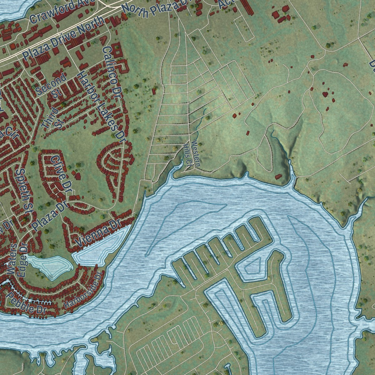 Second close-up of the map of Granbury, Texas print showing more streets and buildings