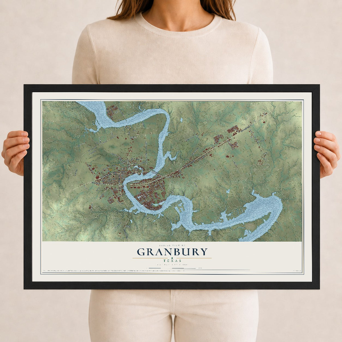 Map of Granbury, Texas, 12 x 18 inch print in a black wood frame
