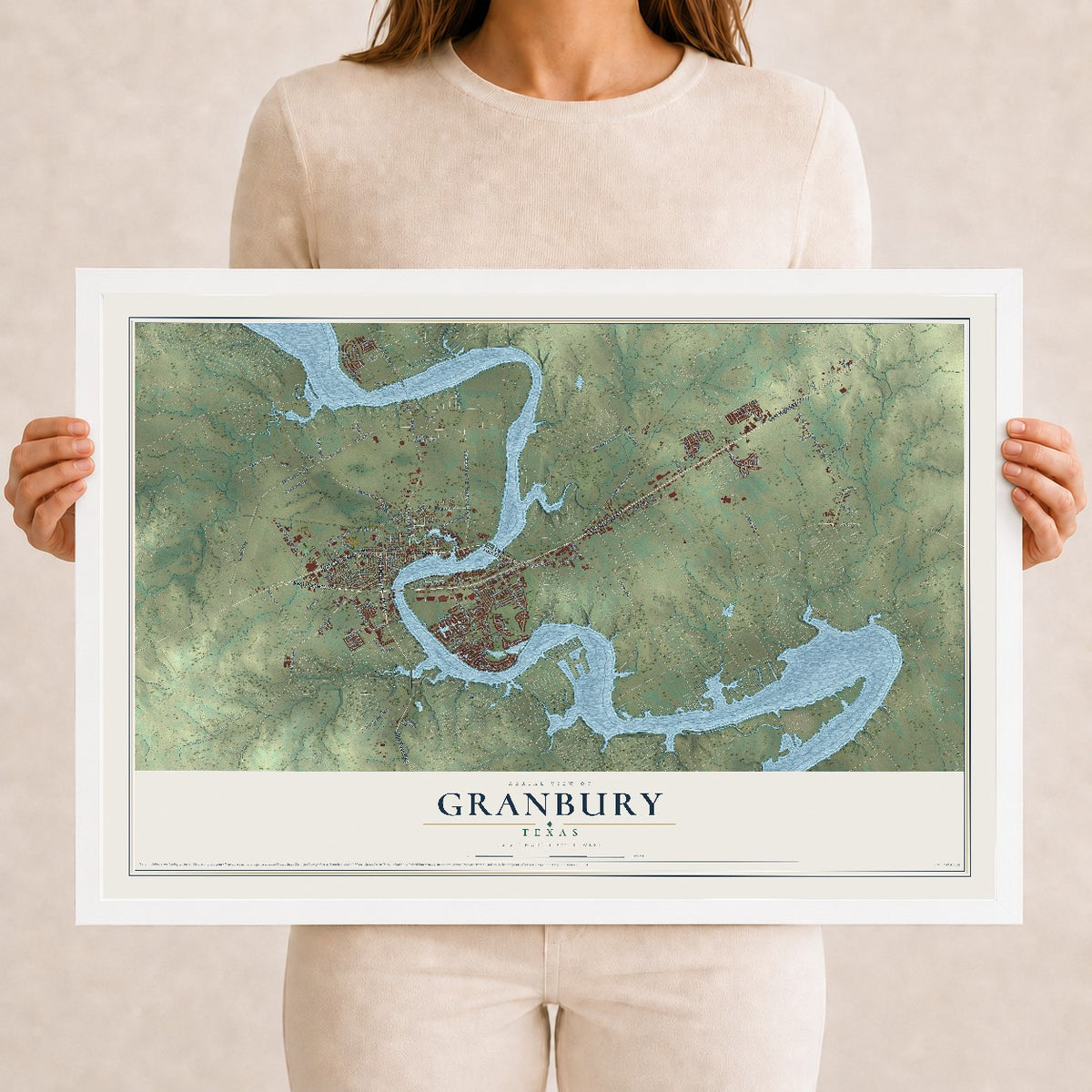 Map of Granbury, Texas, 12 x 18 inch print in a white wood frame