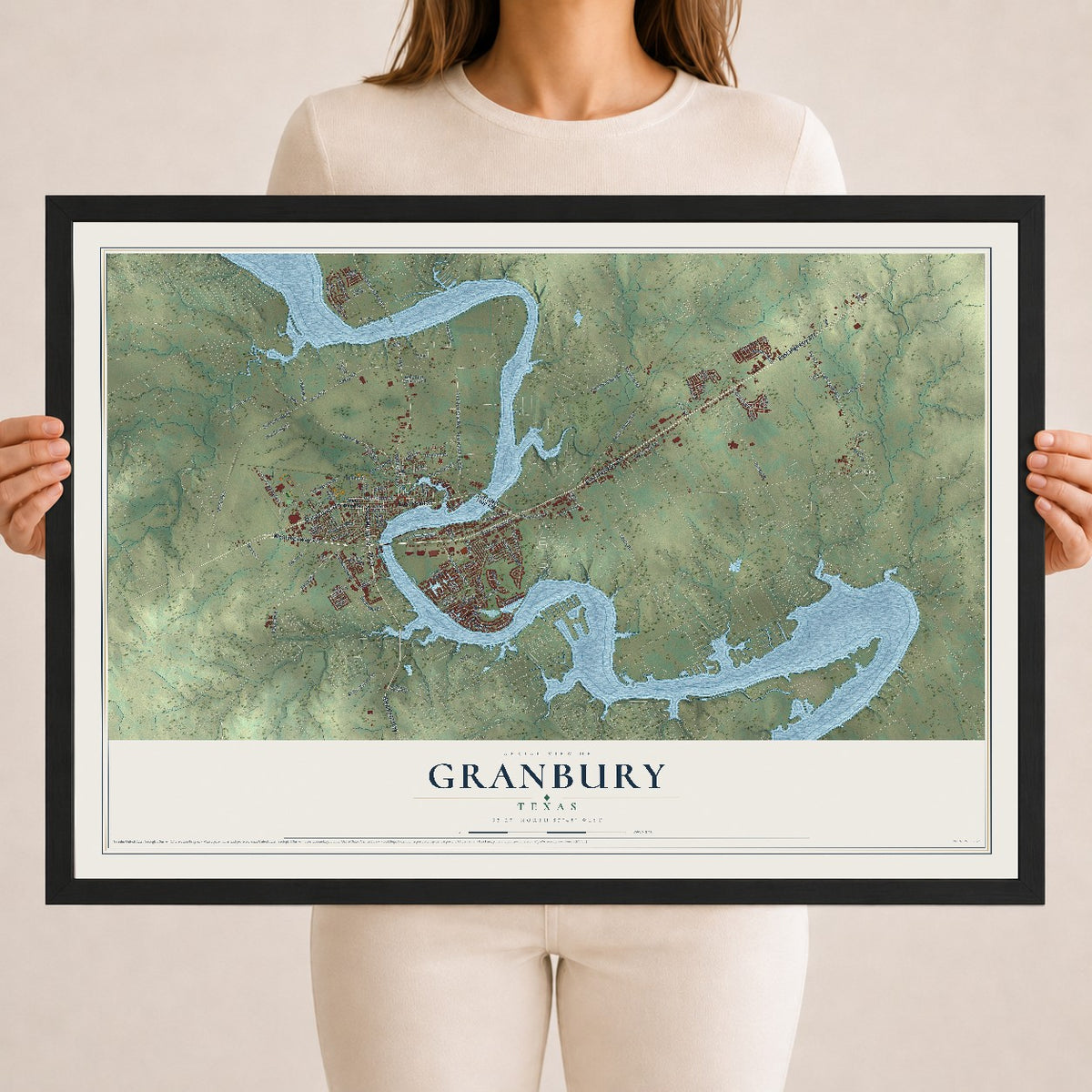 Map of Granbury, Texas, 18 x 24 inch print in a black wood frame