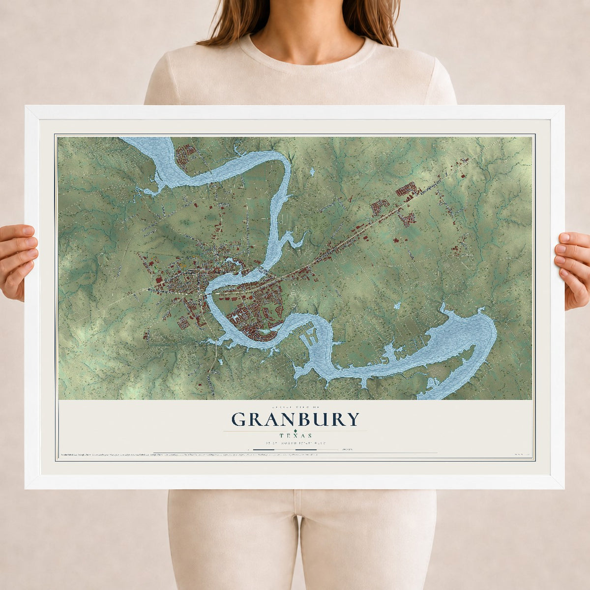 Map of Granbury, Texas, 18 x 24 inch print in a white wood frame
