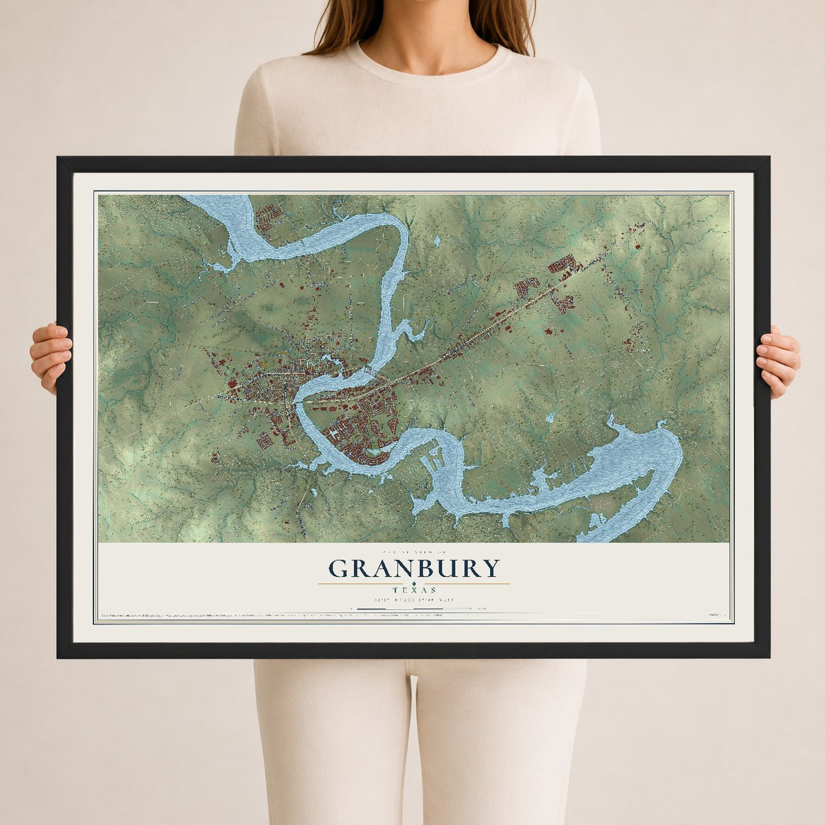 Map of Granbury, Texas, 24 x 36 inch print in a black wood frame