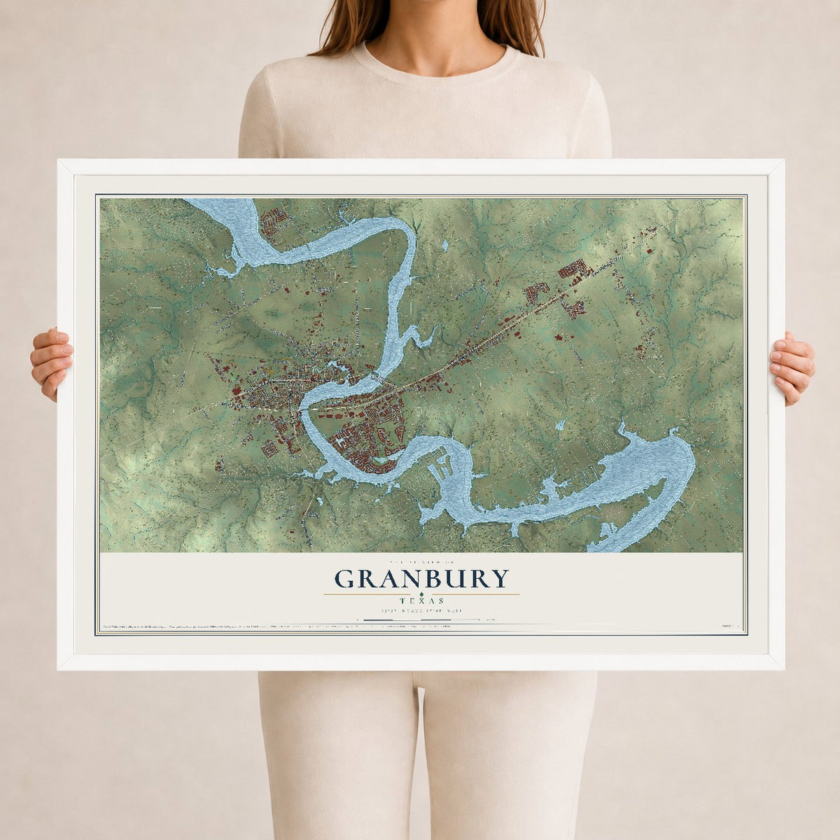 Map of Granbury, Texas, 24 x 36 inch print in a white wood frame