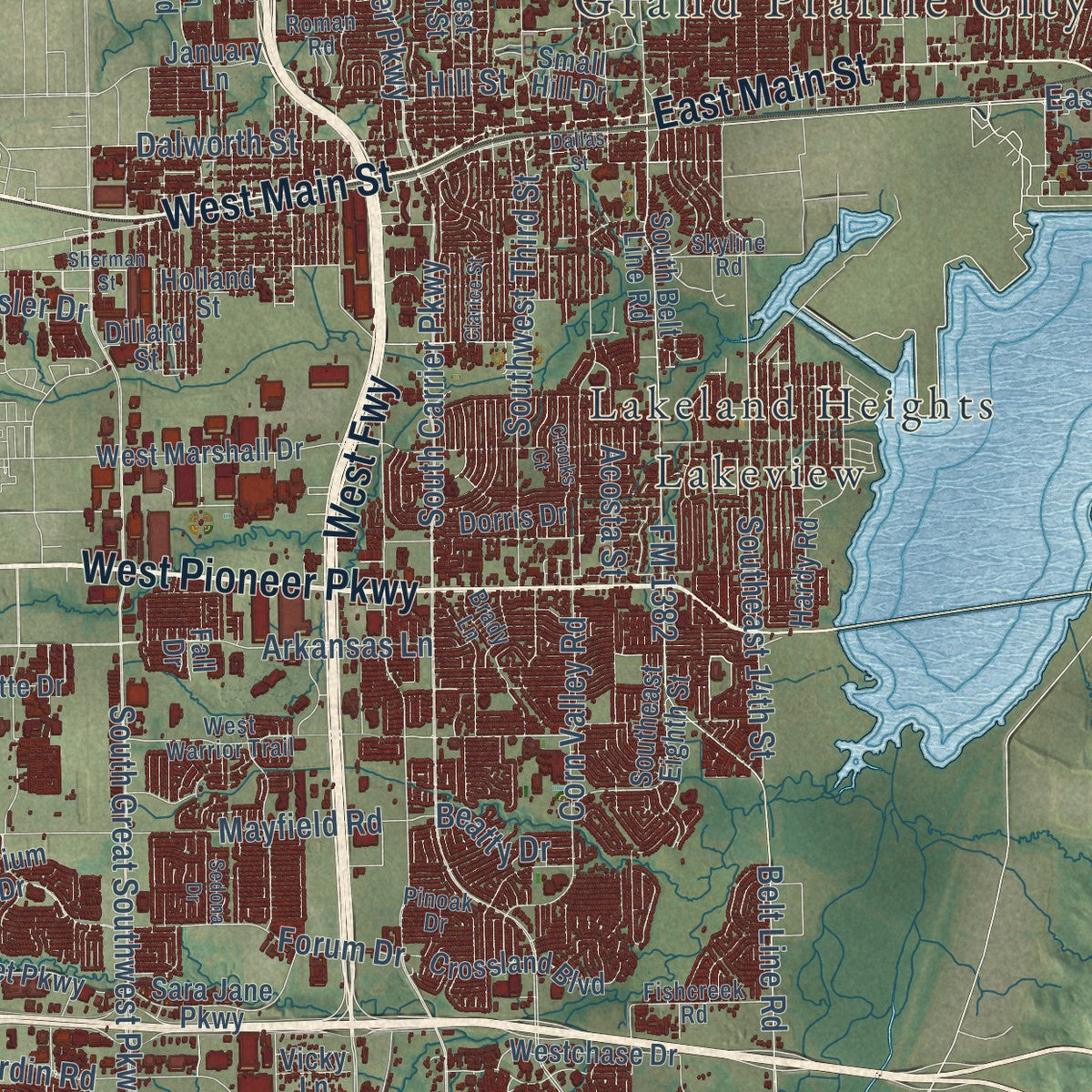 Close-up of the map of Grand Prairie, Texas print showing street and building detail
