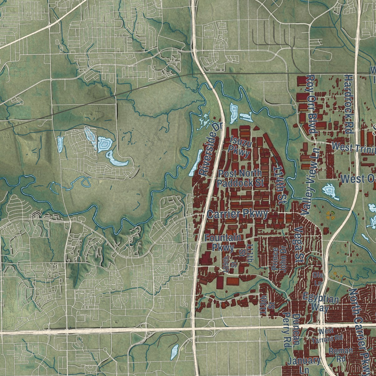 Second close-up of the map of Grand Prairie, Texas print showing more streets and buildings