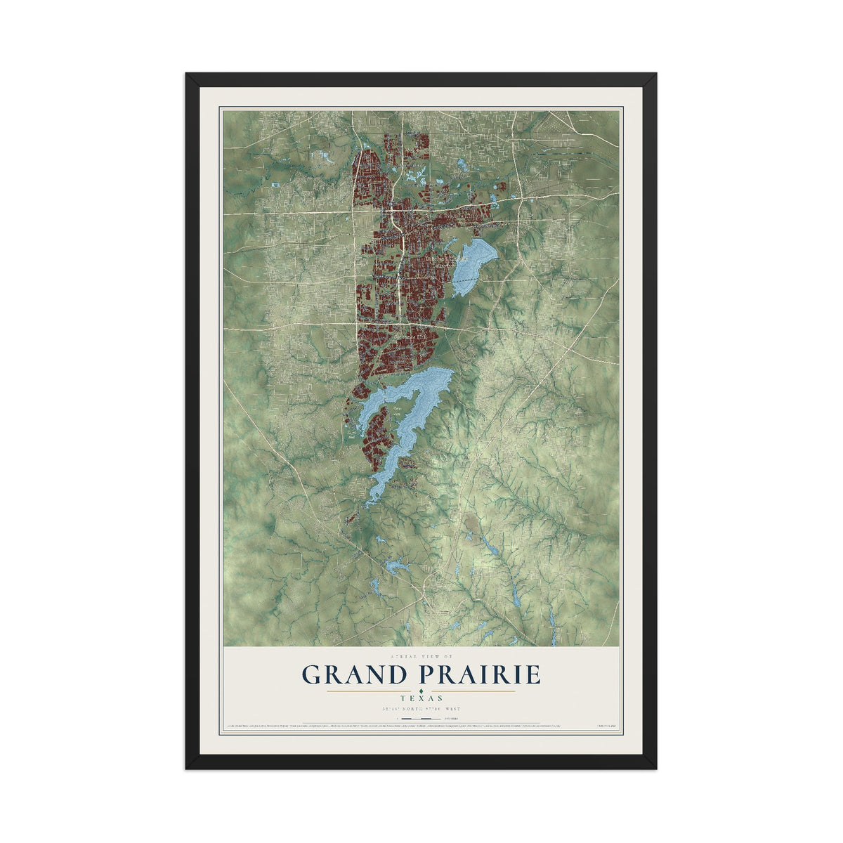 Map of Grand Prairie, Texas, 12 x 18 inch print in a black wood frame