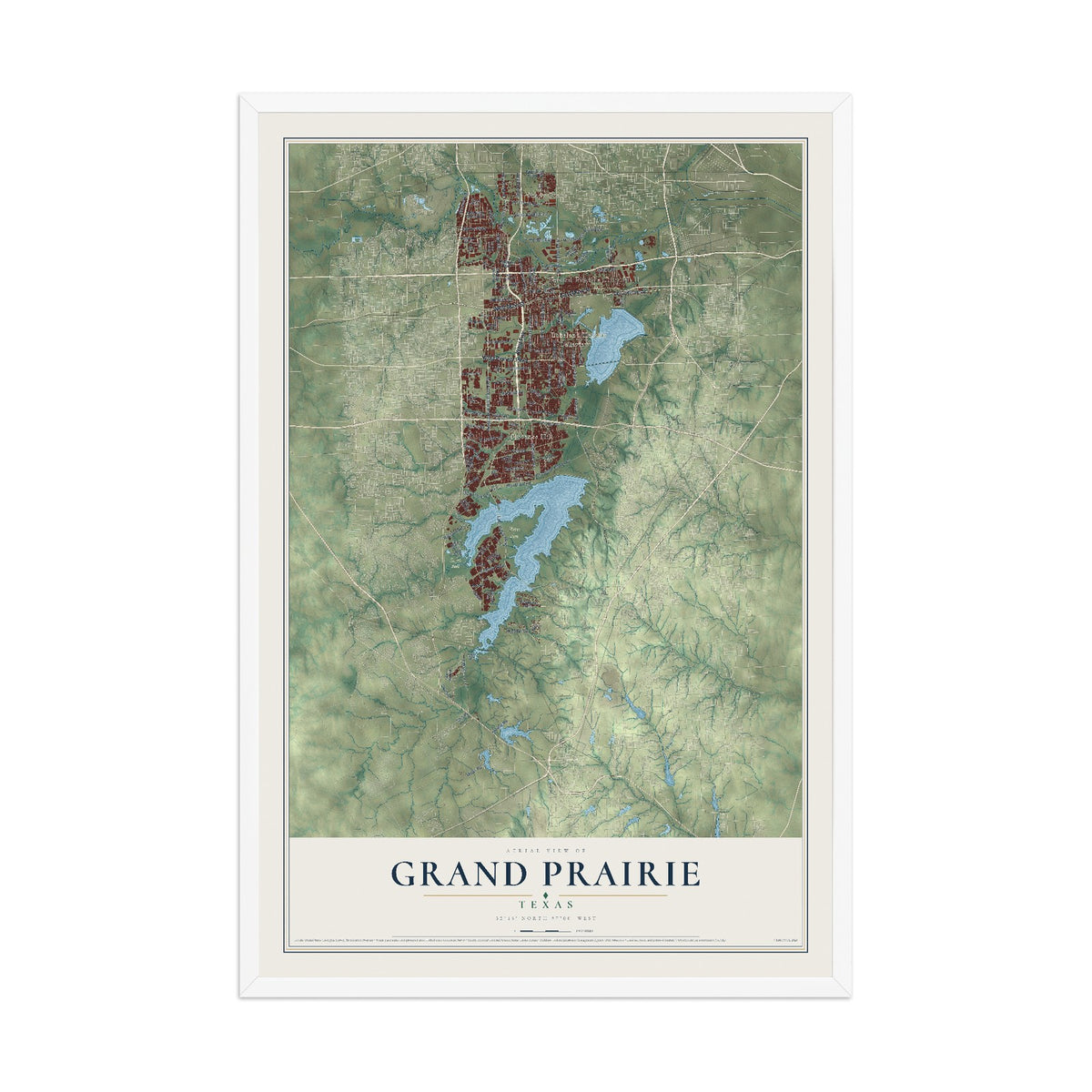 Map of Grand Prairie, Texas, 12 x 18 inch print in a white wood frame