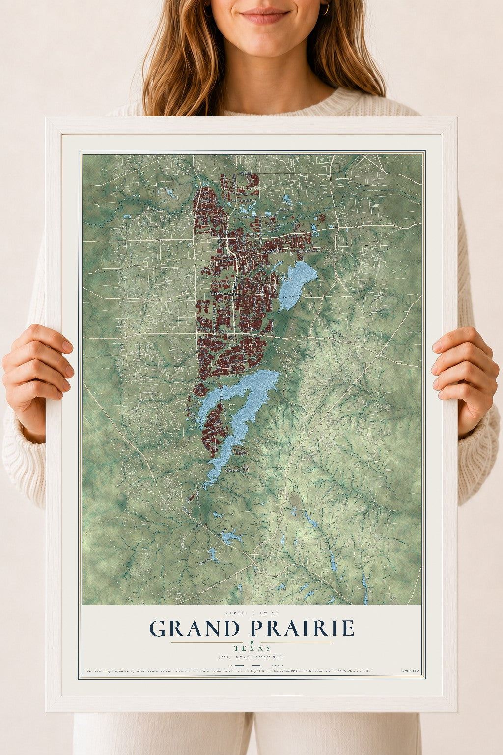 Map of Grand Prairie, Texas, 18 x 24 inch print in a white wood frame