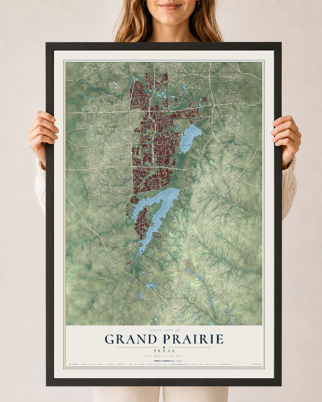 Map of Grand Prairie, Texas, 24 x 36 inch print in a black wood frame