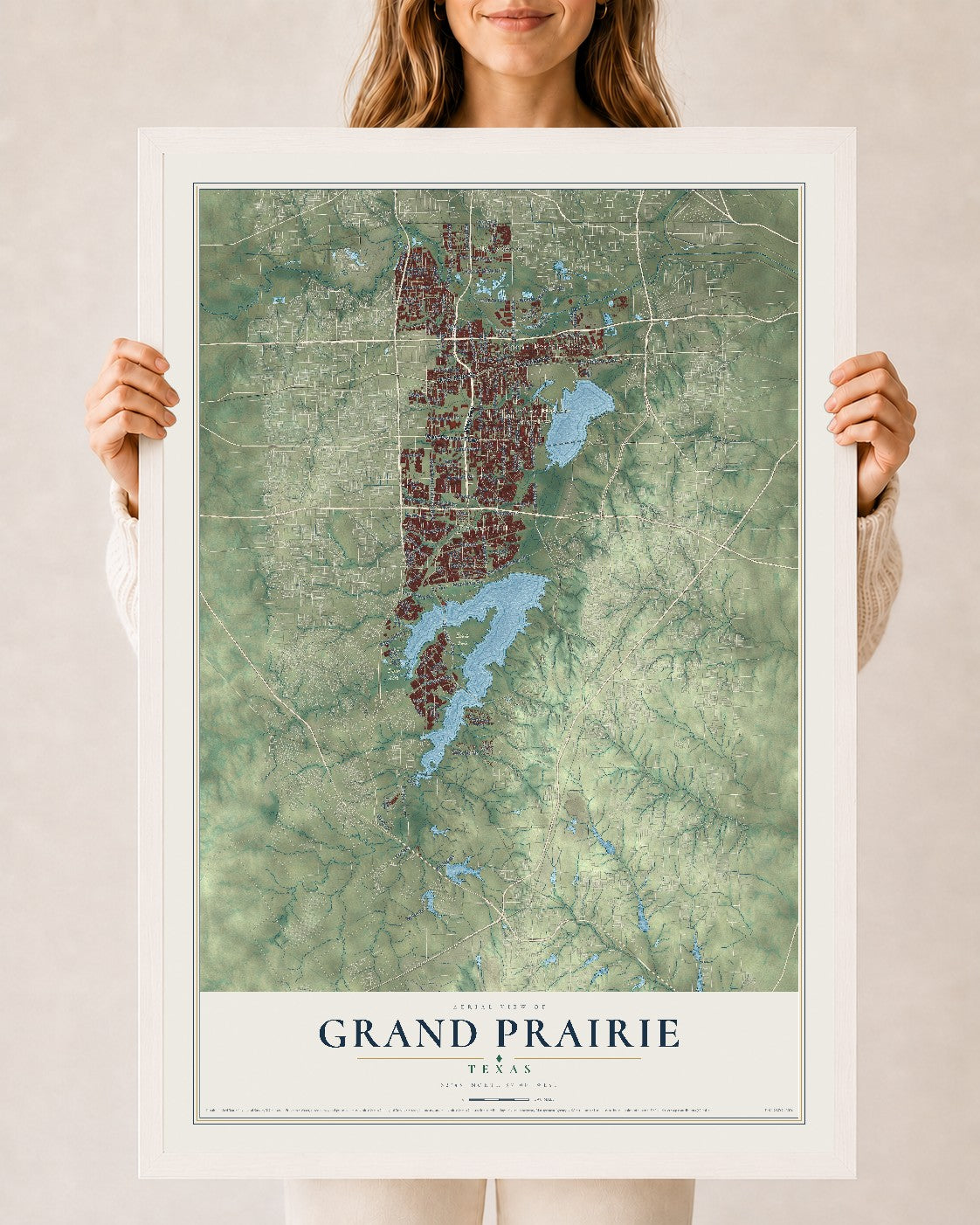 Map of Grand Prairie, Texas, 24 x 36 inch print in a white wood frame