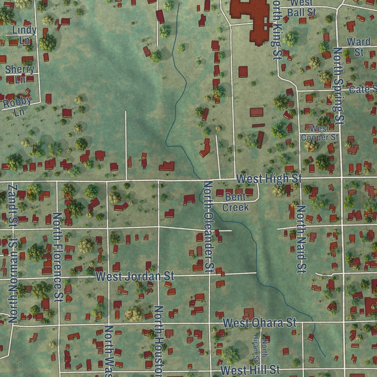 Close-up of the map of Grand Saline, Texas print showing street and building detail