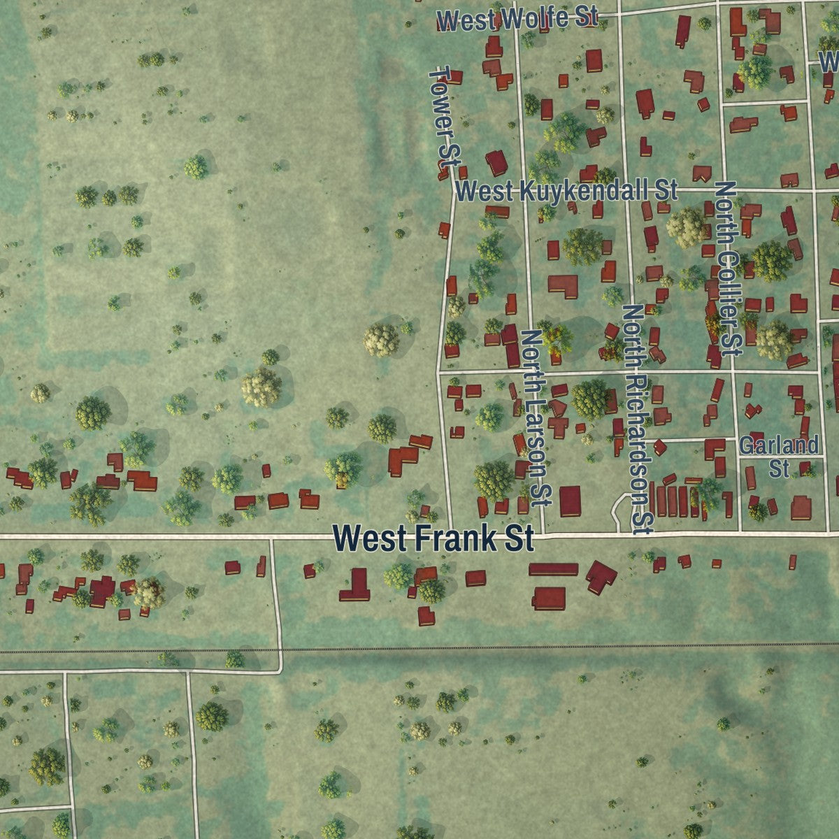 Second close-up of the map of Grand Saline, Texas print showing more streets and buildings