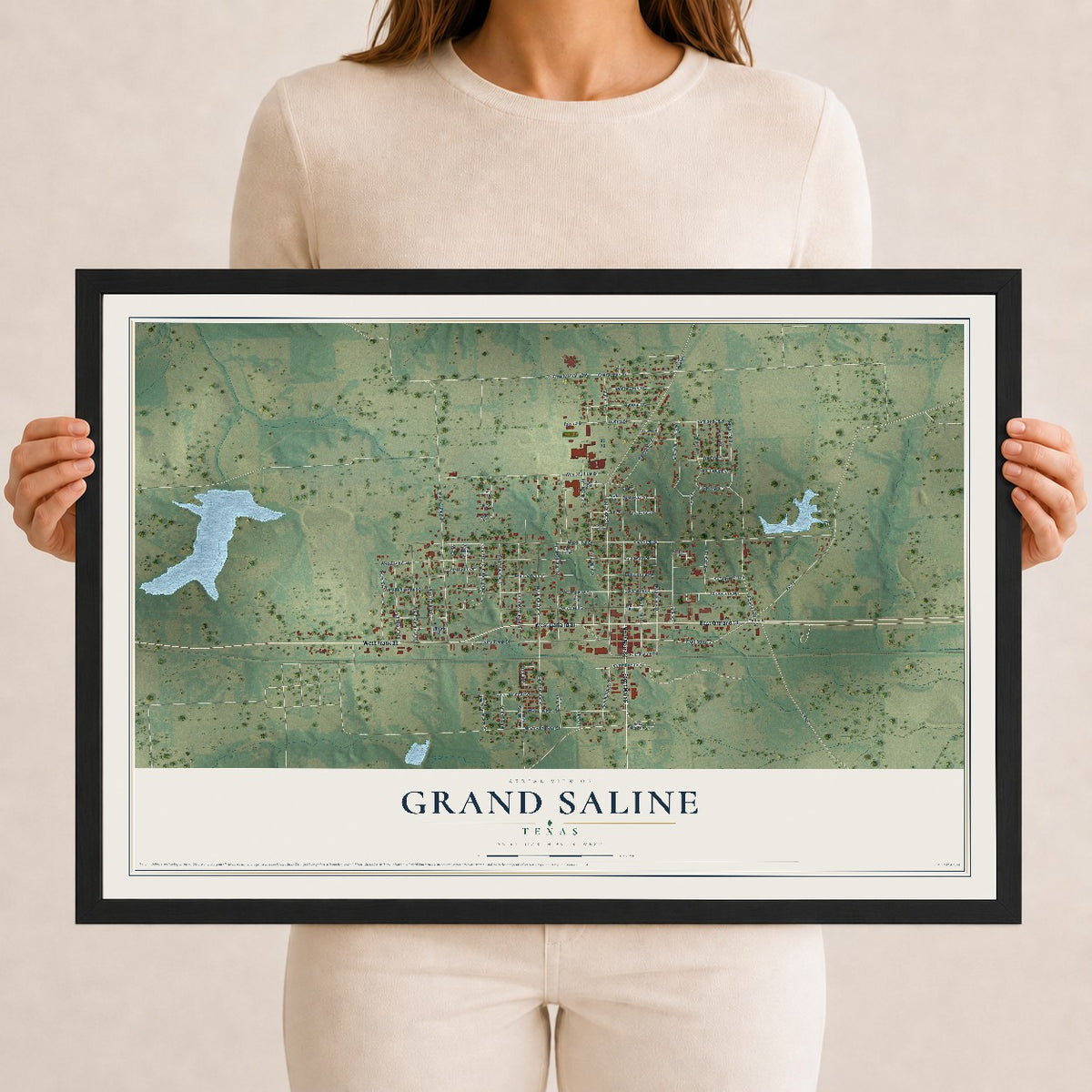 Map of Grand Saline, Texas, 12 x 18 inch print in a black wood frame