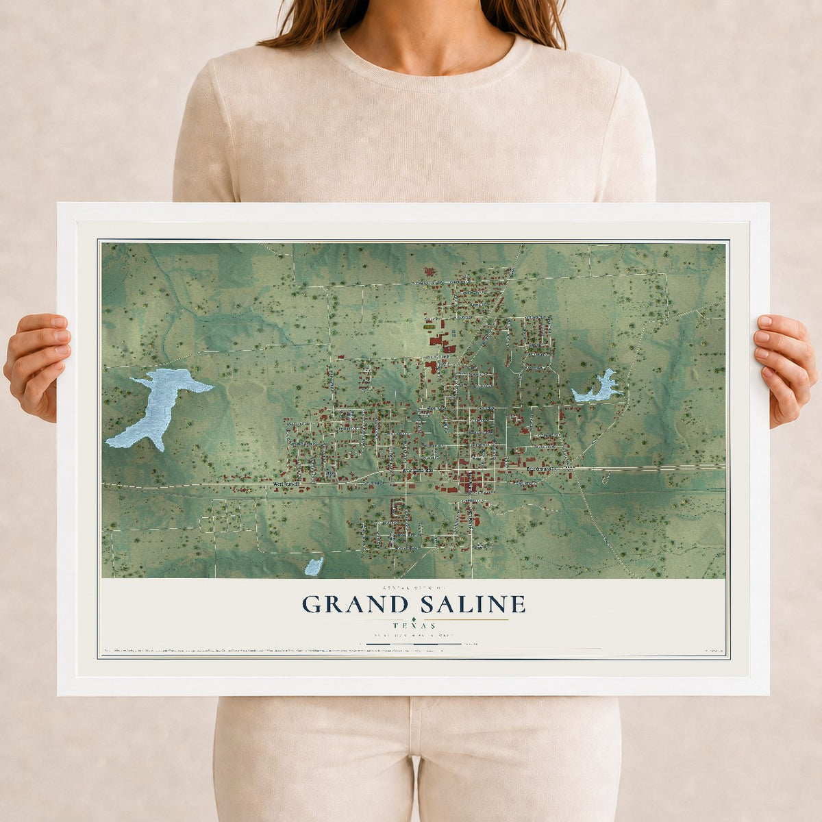 Map of Grand Saline, Texas, 12 x 18 inch print in a white wood frame