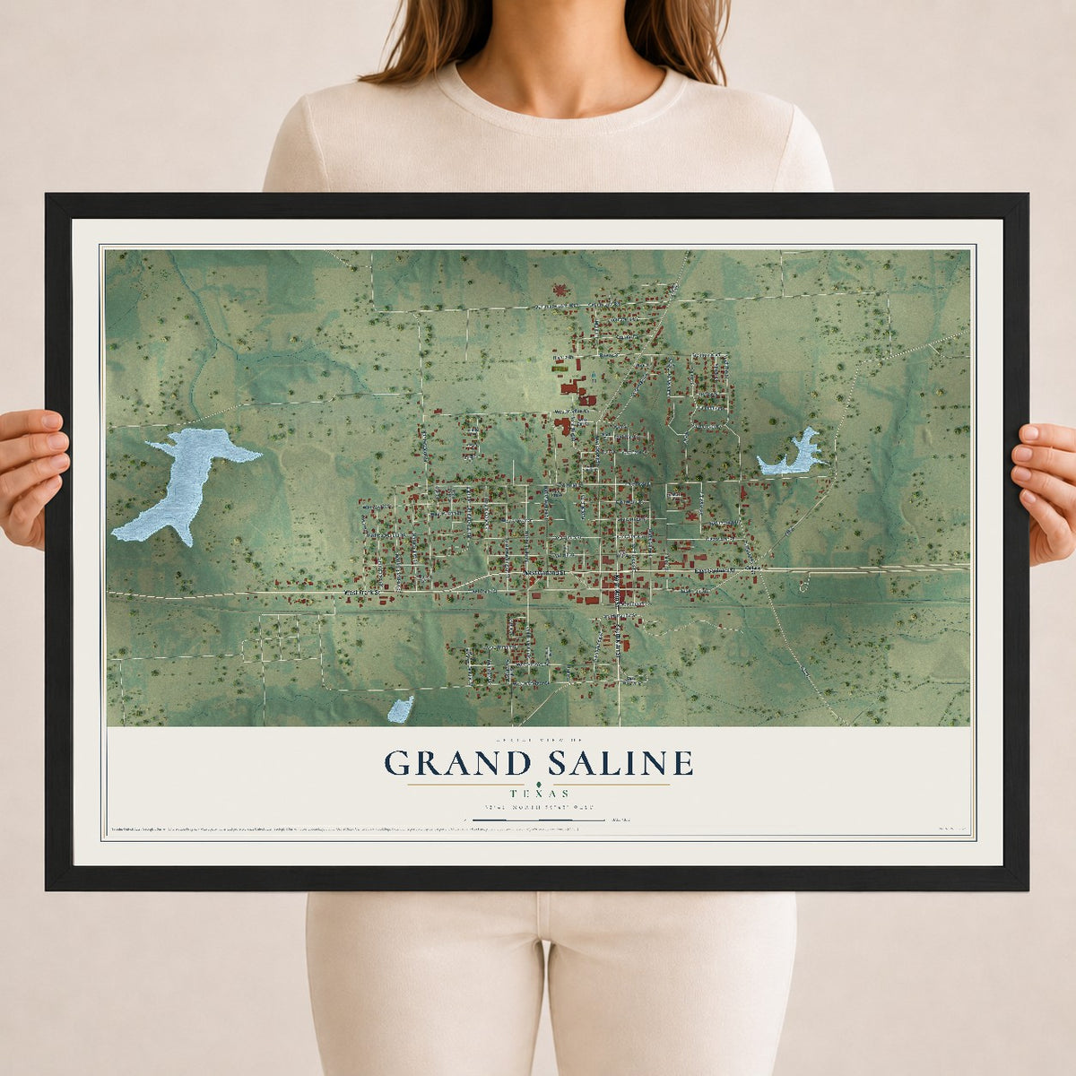 Map of Grand Saline, Texas, 18 x 24 inch print in a black wood frame