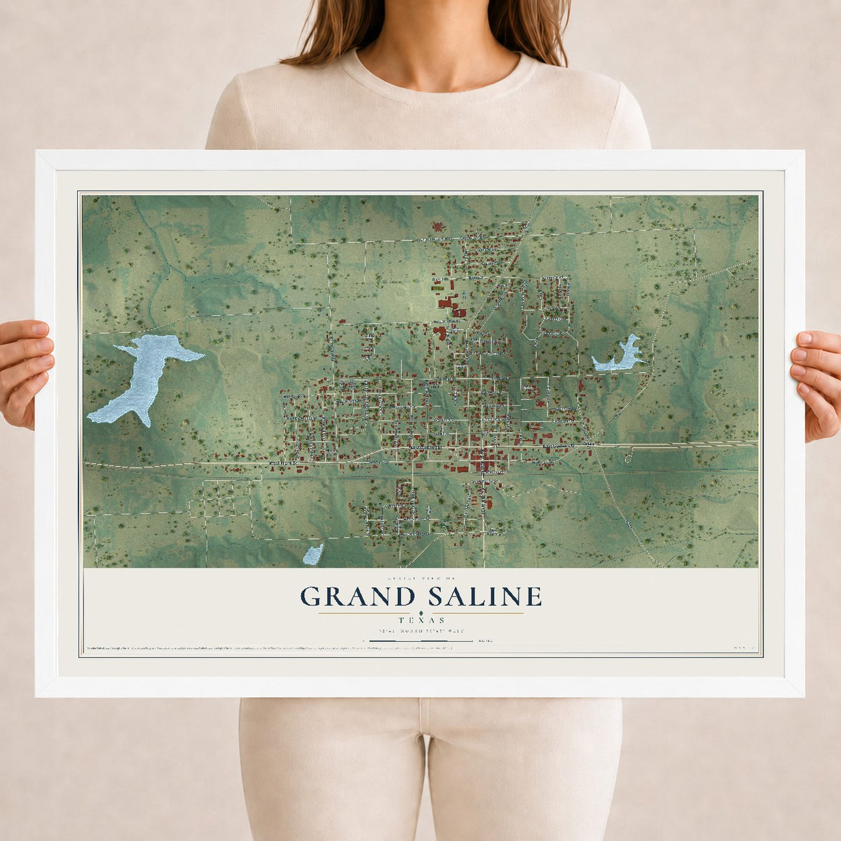 Map of Grand Saline, Texas, 18 x 24 inch print in a white wood frame
