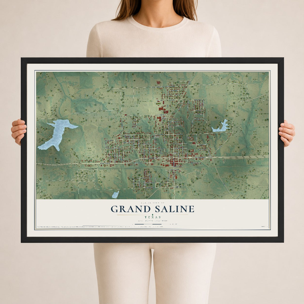 Map of Grand Saline, Texas, 24 x 36 inch print in a black wood frame