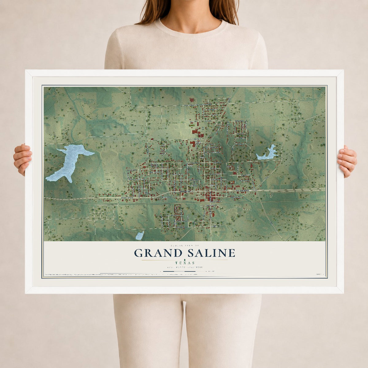 Map of Grand Saline, Texas, 24 x 36 inch print in a white wood frame