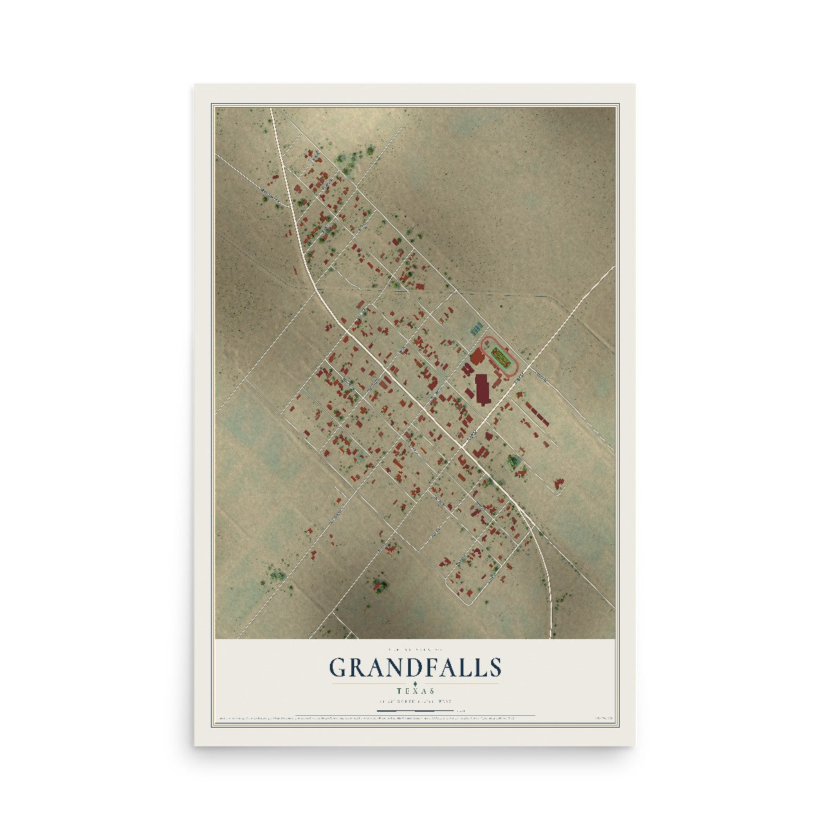 Map of Grandfalls, Texas, 12 x 18 inch unframed archival matte print
