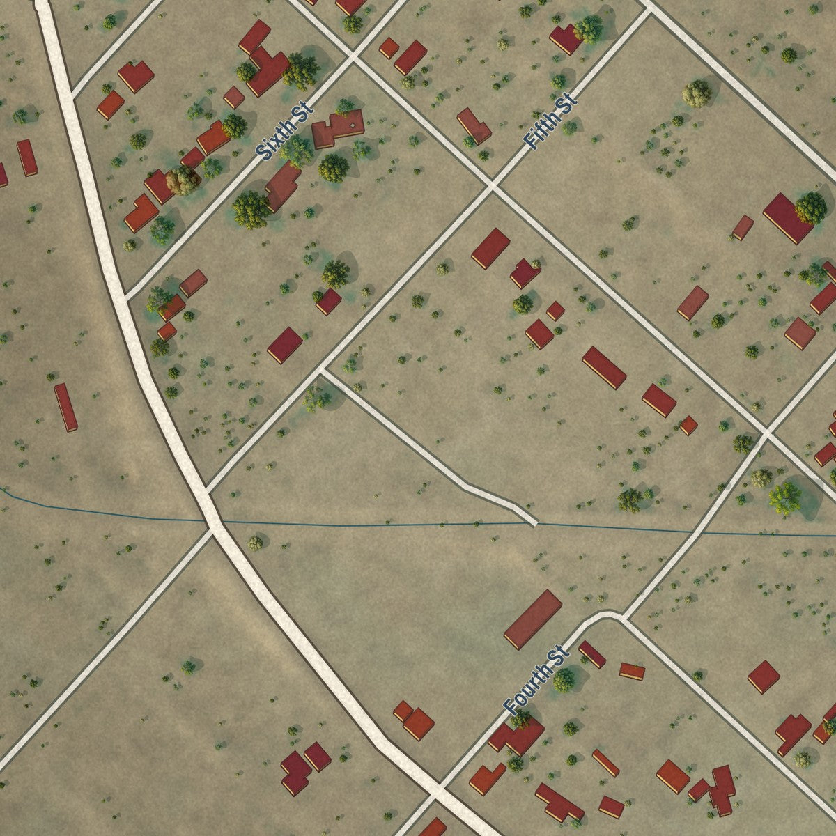 Second close-up of the map of Grandfalls, Texas print showing more streets and buildings