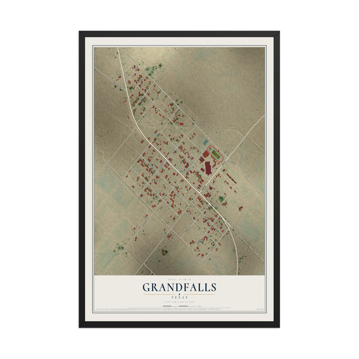 Map of Grandfalls, Texas, 12 x 18 inch print in a black wood frame