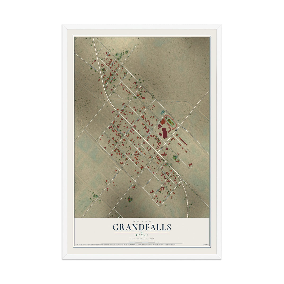 Map of Grandfalls, Texas, 12 x 18 inch print in a white wood frame