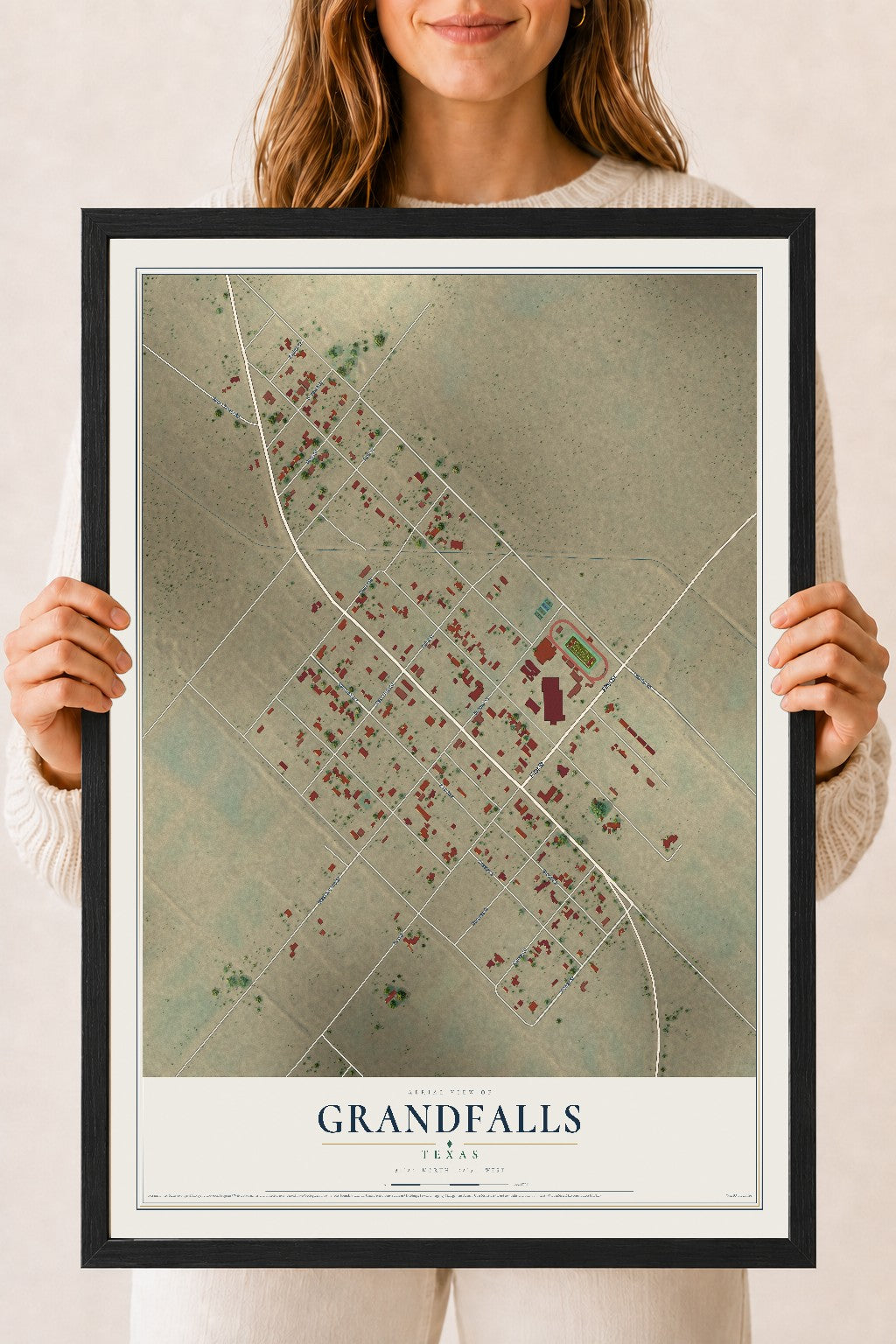 Map of Grandfalls, Texas, 18 x 24 inch print in a black wood frame