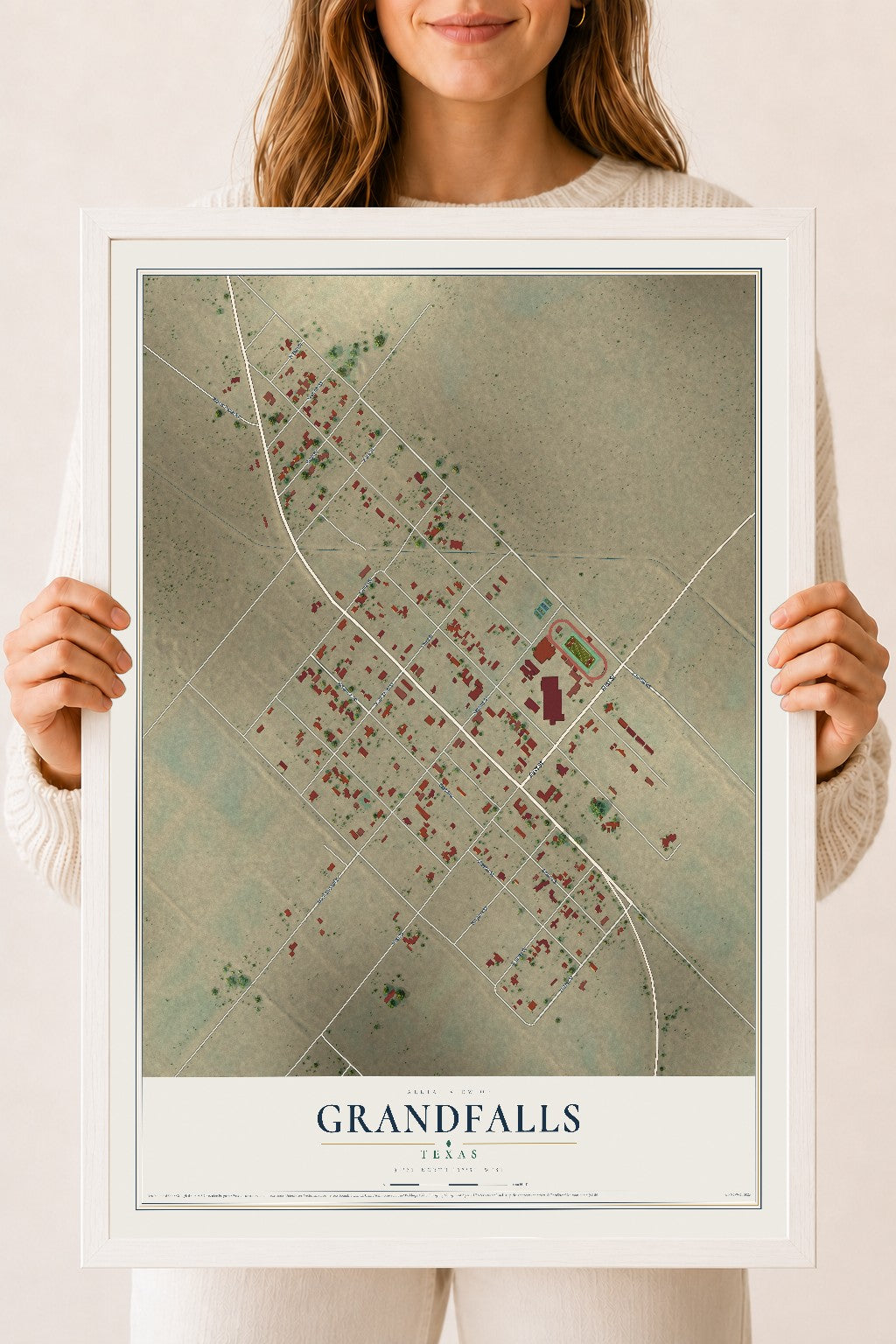 Map of Grandfalls, Texas, 18 x 24 inch print in a white wood frame