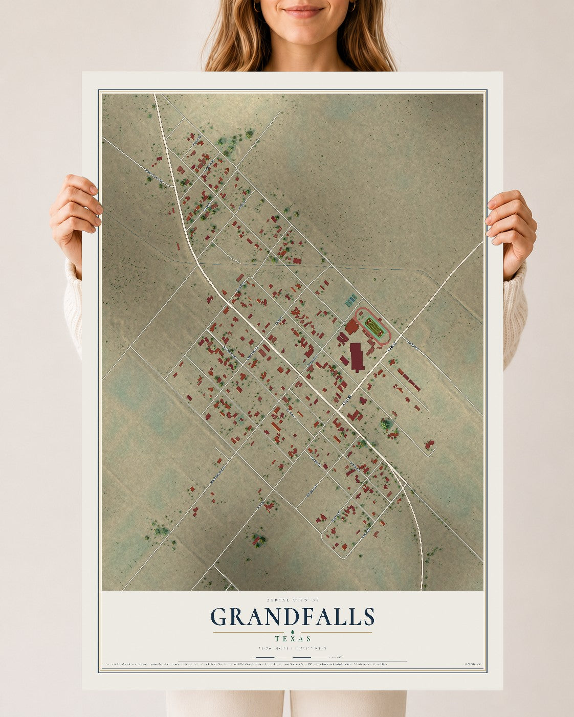 Map of Grandfalls, Texas, 24 x 36 inch unframed archival matte print