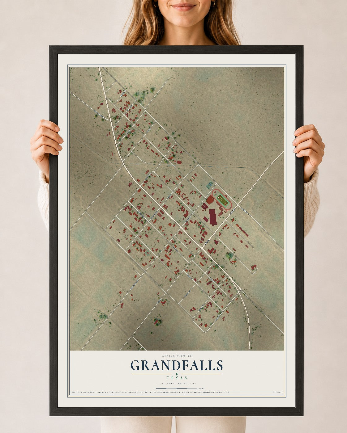 Map of Grandfalls, Texas, 24 x 36 inch print in a black wood frame