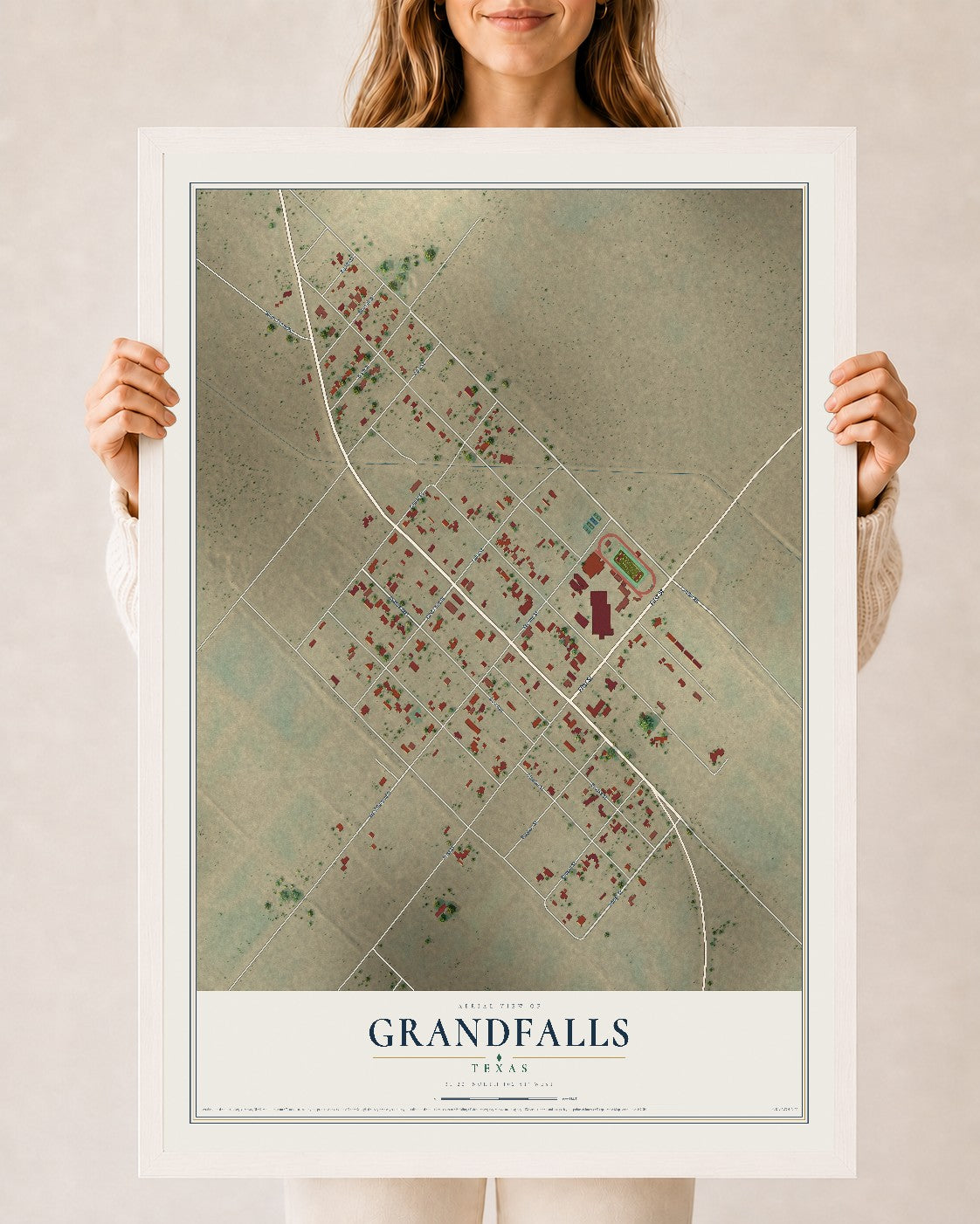 Map of Grandfalls, Texas, 24 x 36 inch print in a white wood frame