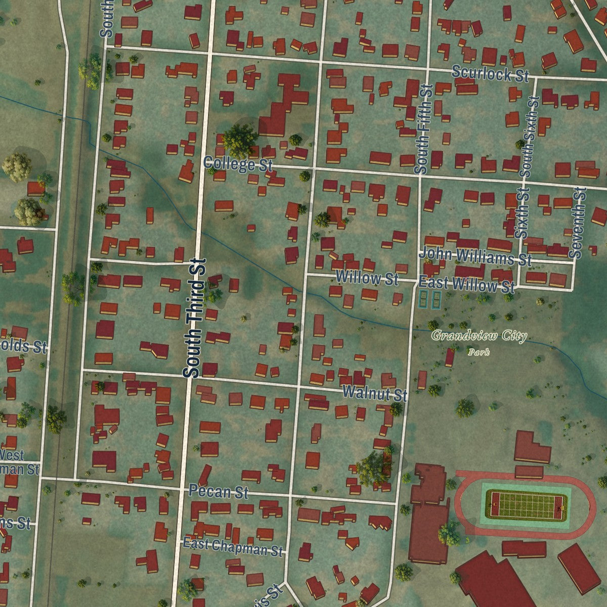 Close-up of the map of Grandview, Texas print showing street and building detail
