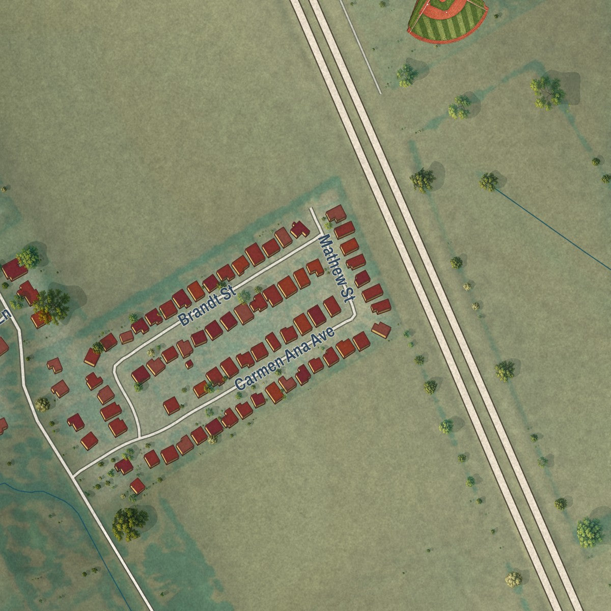 Second close-up of the map of Grandview, Texas print showing more streets and buildings