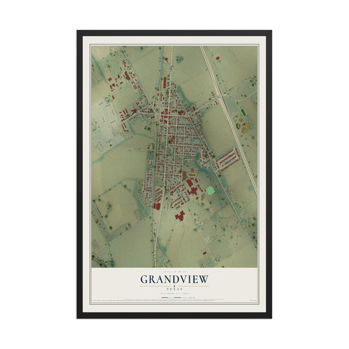 Map of Grandview, Texas, 12 x 18 inch print in a black wood frame