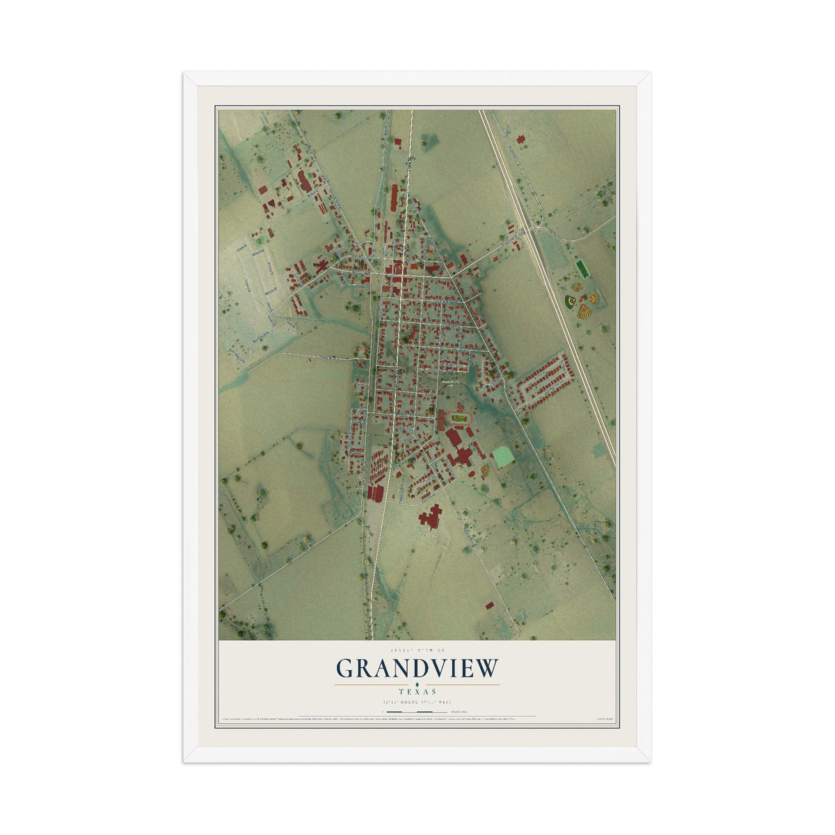 Map of Grandview, Texas, 12 x 18 inch print in a white wood frame